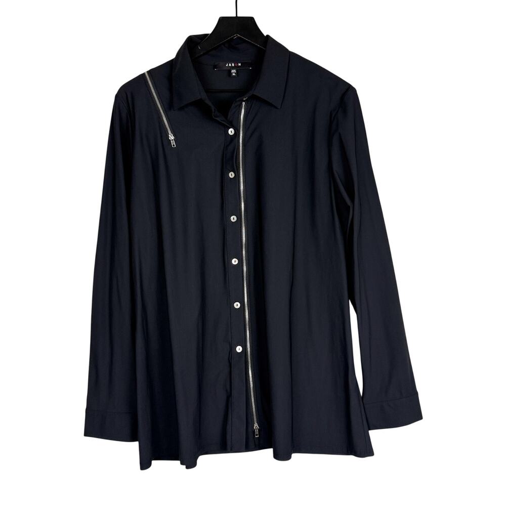JASON by Comfy USA Button Up Zipper Shirt Black - XL
